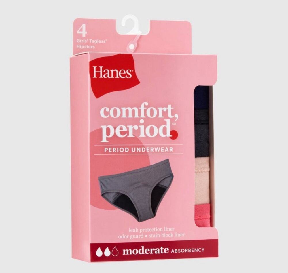 Hanes Girls’ Period Underwear Hipsters 4-Pack Moderate Absorbency Size 10 Free